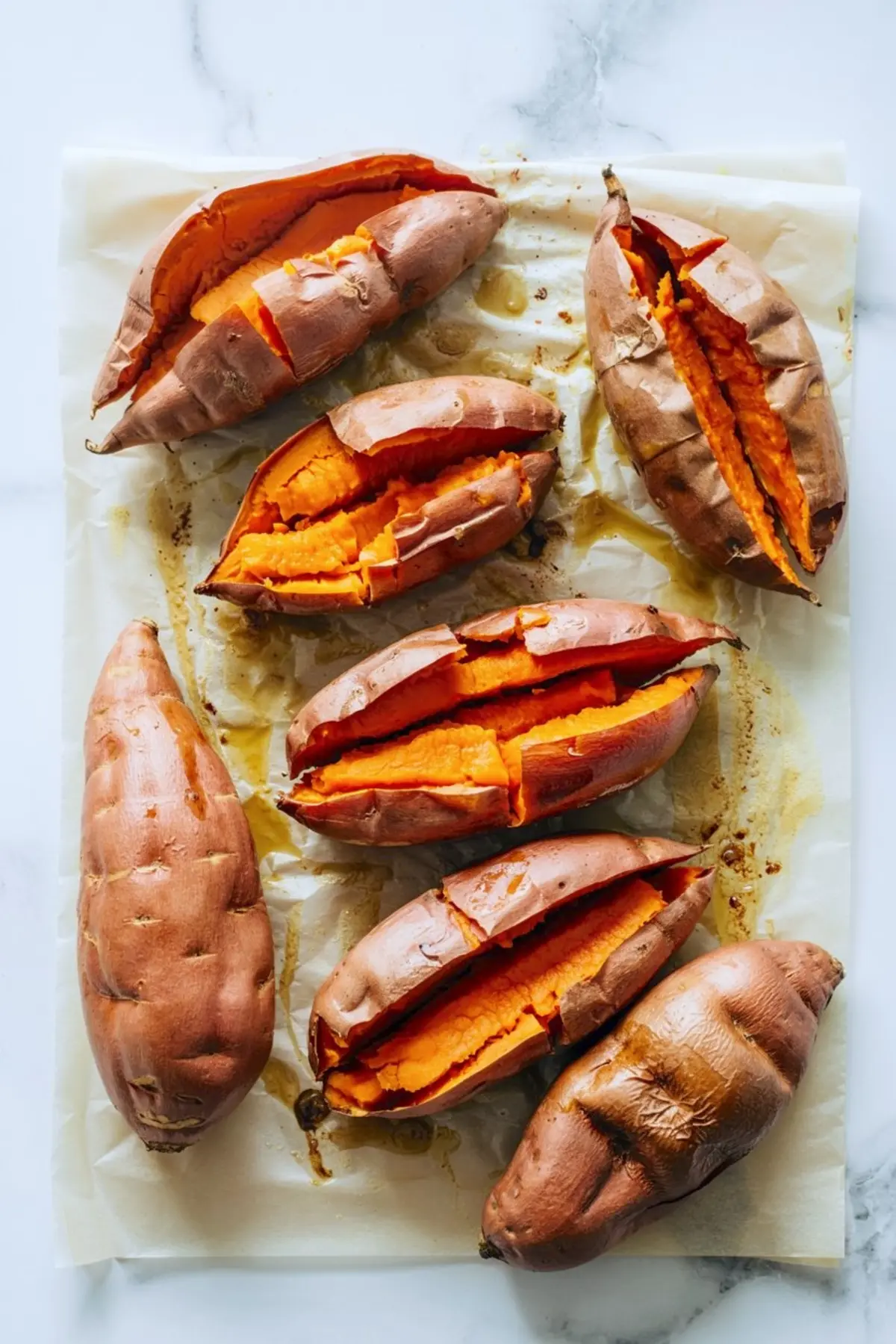 Baked sweet potatoes with caramelized skins arranged on parchment paper, showing vibrant orange interiors and natural syrupy drips on a white marble surface.
