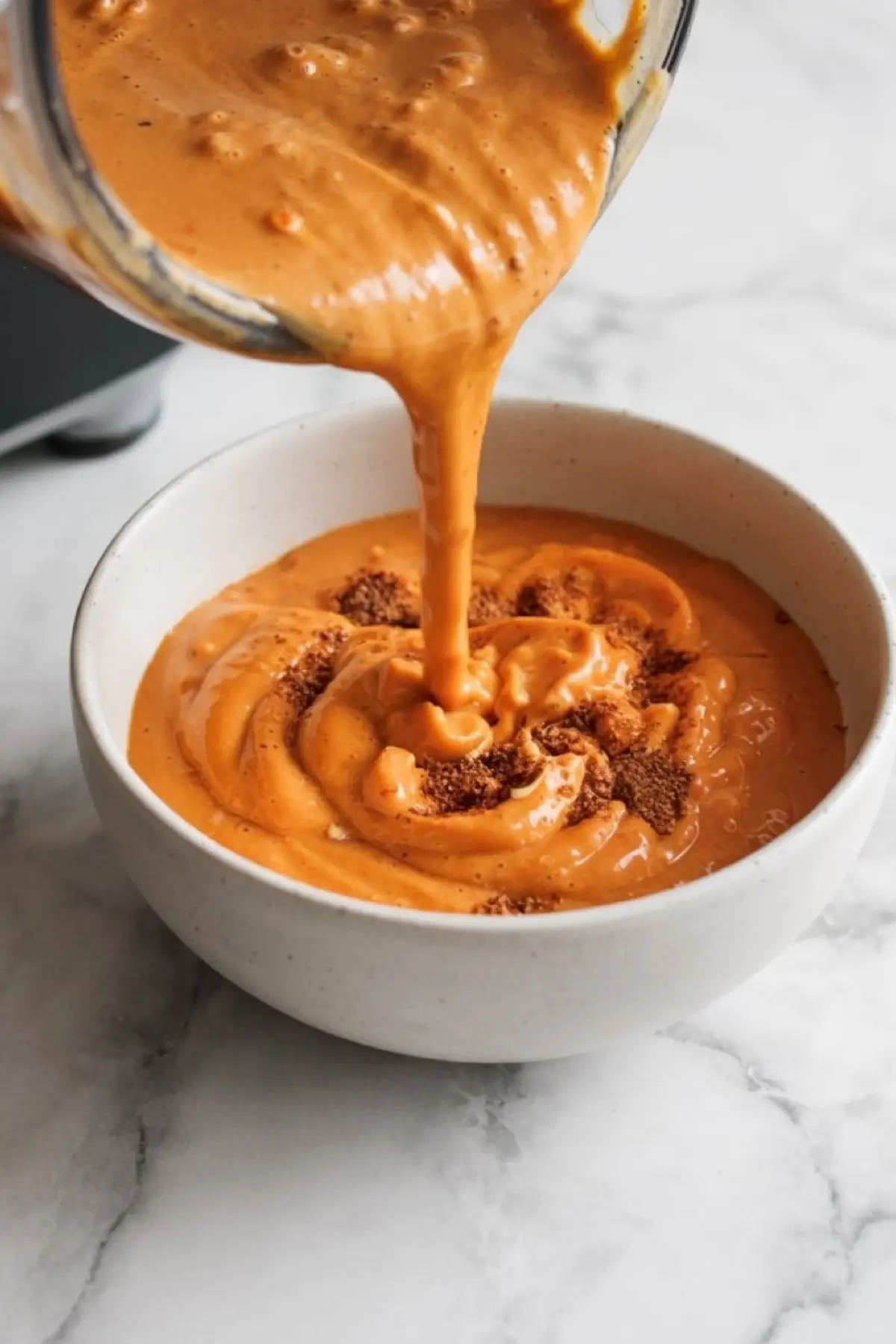 Thick sweet potato smoothie being poured from a blender into a white bowl, topped with a sprinkle of cinnamon on a marble surface.
