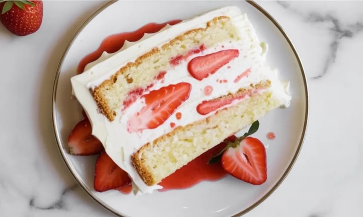 A slice of strawberry vanilla layer cake topped with whipped cream frosting, sliced fresh strawberries, and strawberry sauce on a white plate.