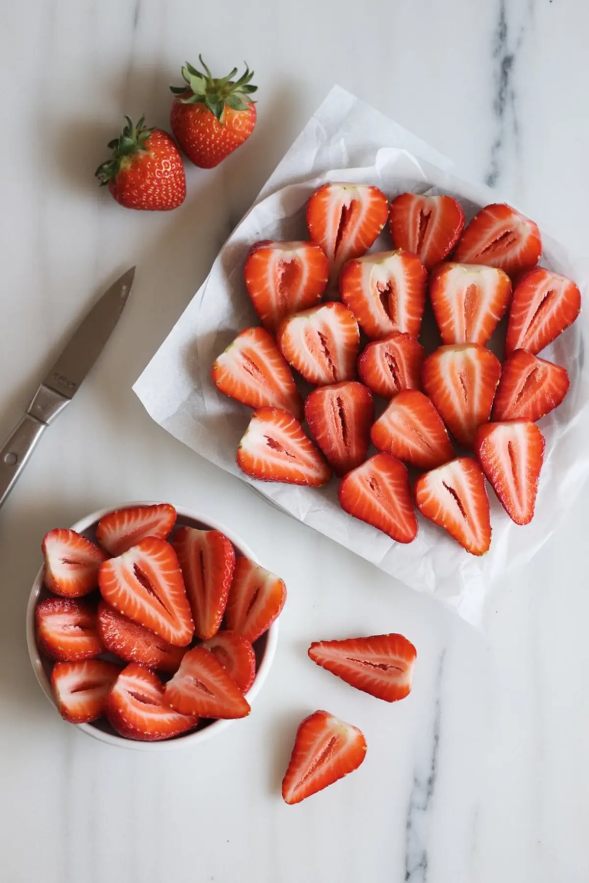 Fresh strawberries sliced in half arranged on parchment paper, with a bowl of additional strawberry halves and a paring knife on a marble surface.