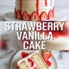 Top image shows a round strawberry vanilla cake frosted with white whipped cream, topped with whole strawberries and dripping strawberry glaze, and decorated with strawberry slices around the base. Bottom image displays a plated slice of the same cake with layers of vanilla sponge, whipped cream, and fresh strawberries, garnished with sliced strawberries and strawberry sauce.