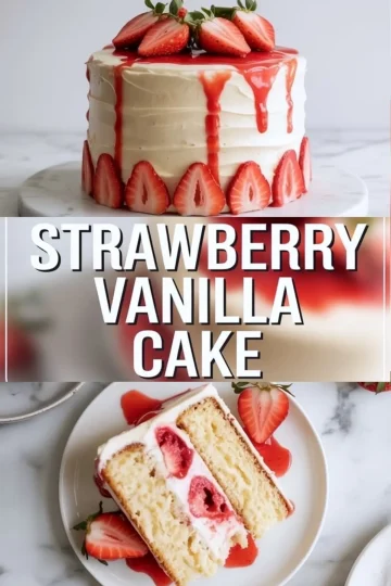 Top image shows a round strawberry vanilla cake frosted with white whipped cream, topped with whole strawberries and dripping strawberry glaze, and decorated with strawberry slices around the base. Bottom image displays a plated slice of the same cake with layers of vanilla sponge, whipped cream, and fresh strawberries, garnished with sliced strawberries and strawberry sauce.