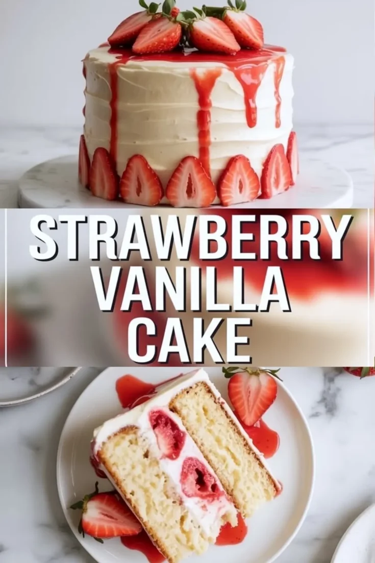 Top image shows a round strawberry vanilla cake frosted with white whipped cream, topped with whole strawberries and dripping strawberry glaze, and decorated with strawberry slices around the base. Bottom image displays a plated slice of the same cake with layers of vanilla sponge, whipped cream, and fresh strawberries, garnished with sliced strawberries and strawberry sauce.