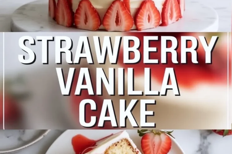 Top image shows a round strawberry vanilla cake frosted with white whipped cream, topped with whole strawberries and dripping strawberry glaze, and decorated with strawberry slices around the base. Bottom image displays a plated slice of the same cake with layers of vanilla sponge, whipped cream, and fresh strawberries, garnished with sliced strawberries and strawberry sauce.