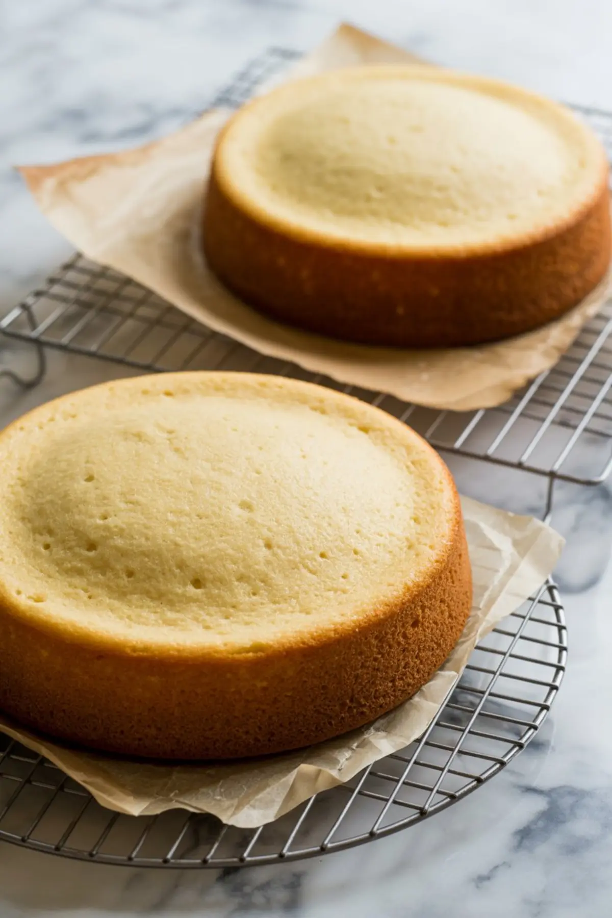 Two freshly baked vanilla cake layers cooling on wire racks lined with parchment paper, with golden-brown edges and domed tops.