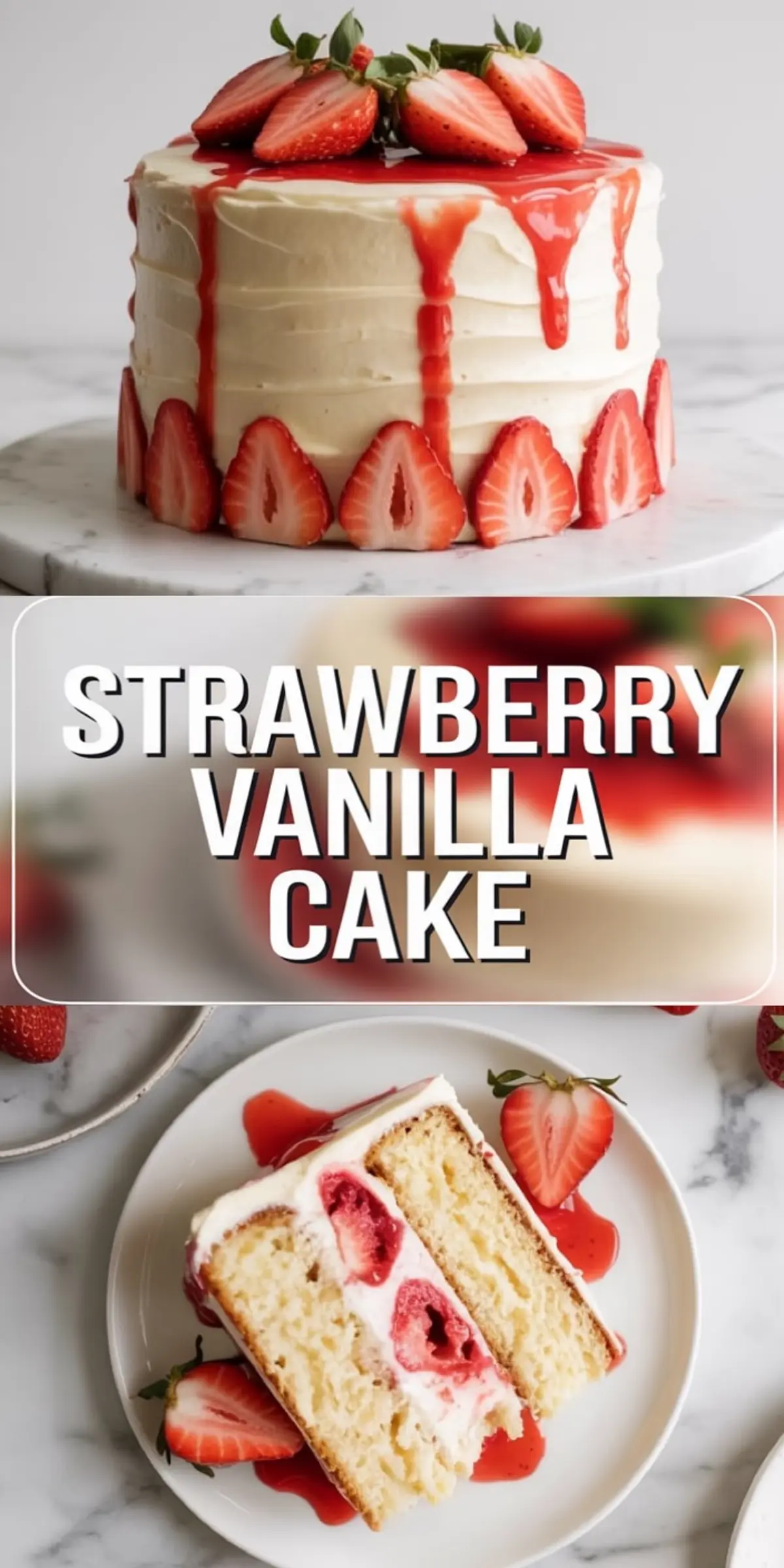 Top image captures a frosted round strawberry vanilla cake decorated with halved strawberries and strawberry glaze. Bottom image shows a close-up of a plated slice of the cake, revealing layers of vanilla sponge, whipped cream, and fresh strawberries with strawberry sauce and a halved strawberry garnish.