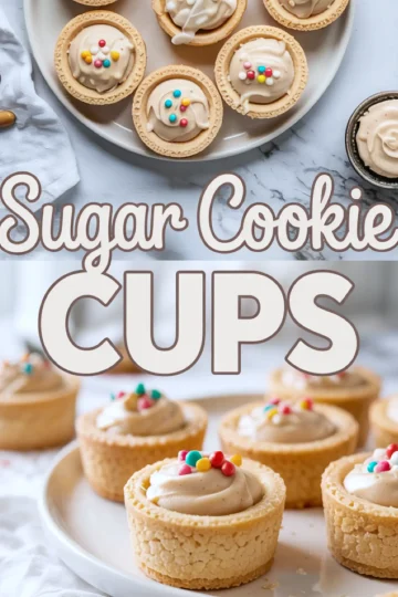 Collage featuring close-up and overhead views of sugar cookie cups filled with frosting and dotted with colorful candy sprinkles, with "Sugar Cookie Cups" title text across the center.