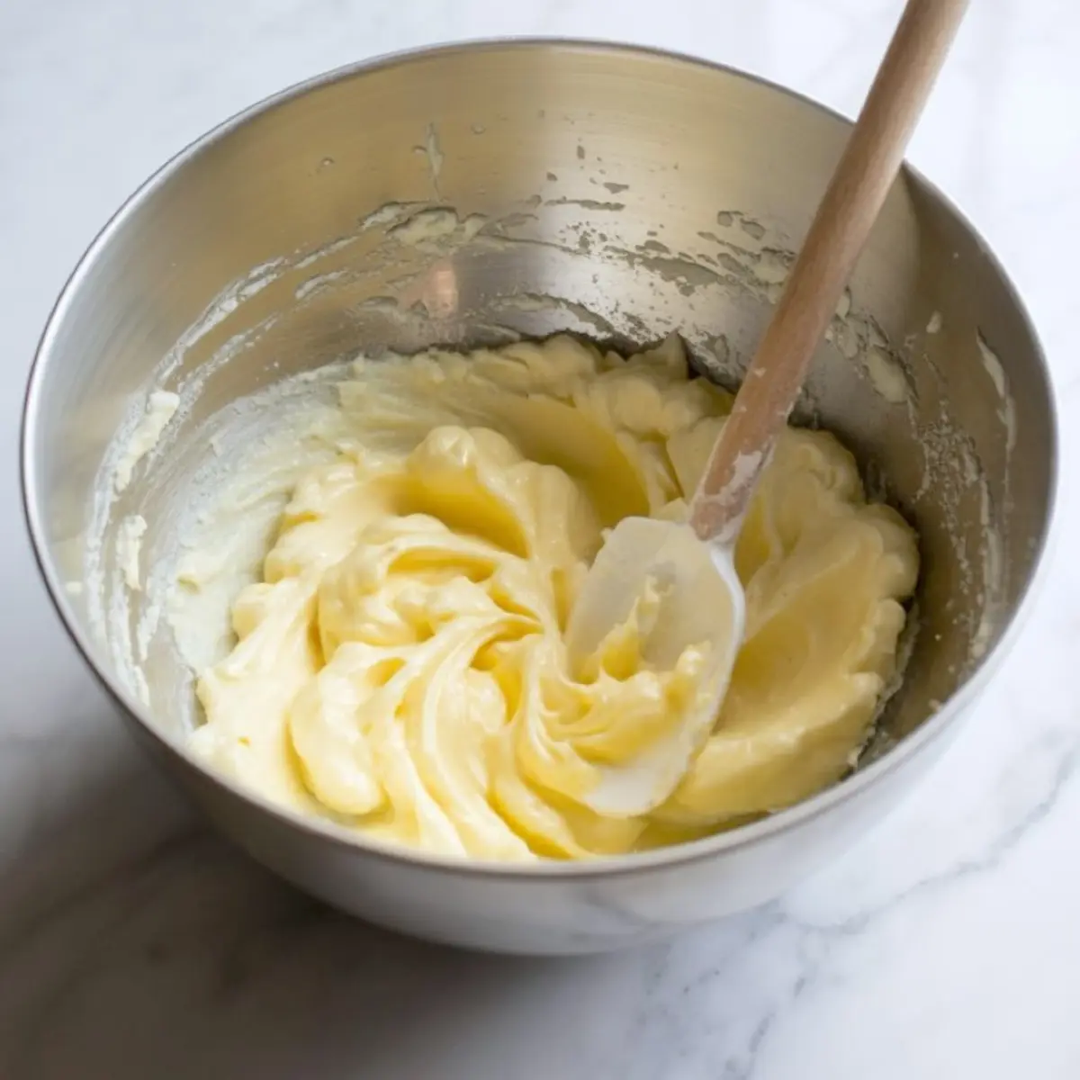 Creamy vanilla buttercream frosting being mixed in a metal bowl with a silicone spatula, showing a rich and airy consistency.
