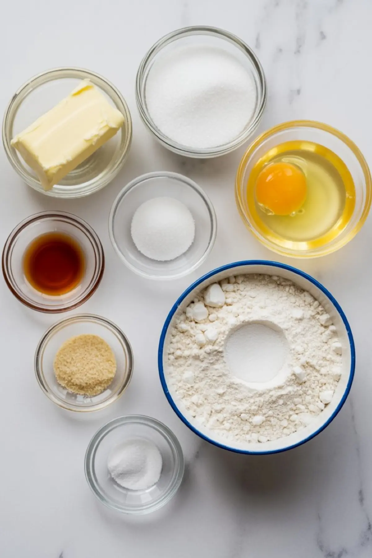 Flat lay of sugar cookie ingredients including flour, sugar, butter, egg, vanilla extract, baking powder, and salt, arranged in glass and ceramic bowls.

