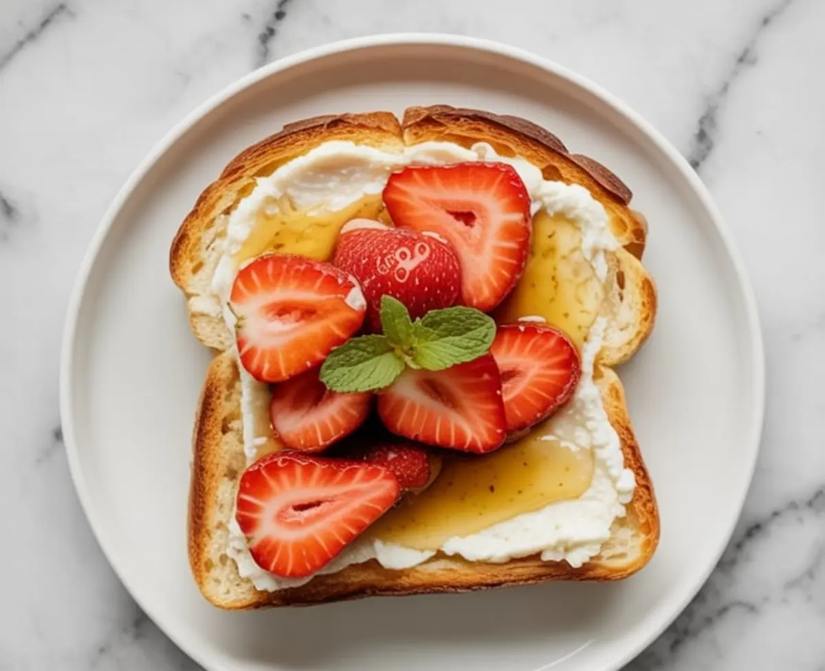 Toast with creamy ricotta cheese, fresh strawberry halves, and golden honey drizzle served on a white plate over a marble surface.