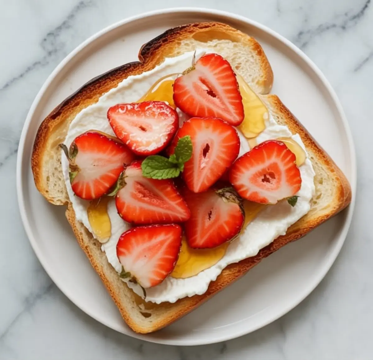 Slice of toasted bread topped with whipped ricotta, sliced strawberries, honey drizzle, and fresh mint leaves on a round white plate.