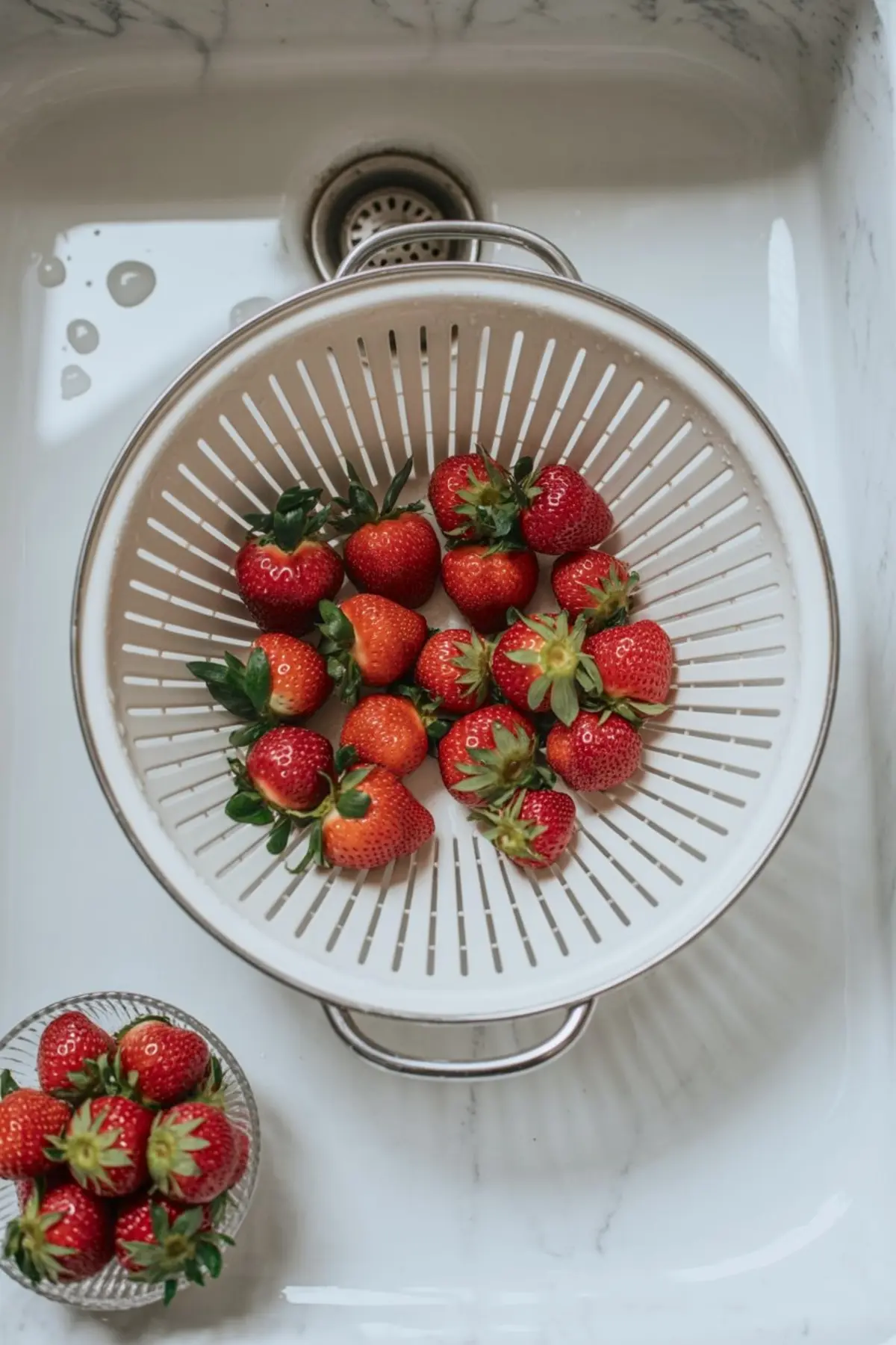 Fresh strawberries in a white colander set in a kitchen sink, with additional strawberries in a small glass bowl beside it.
