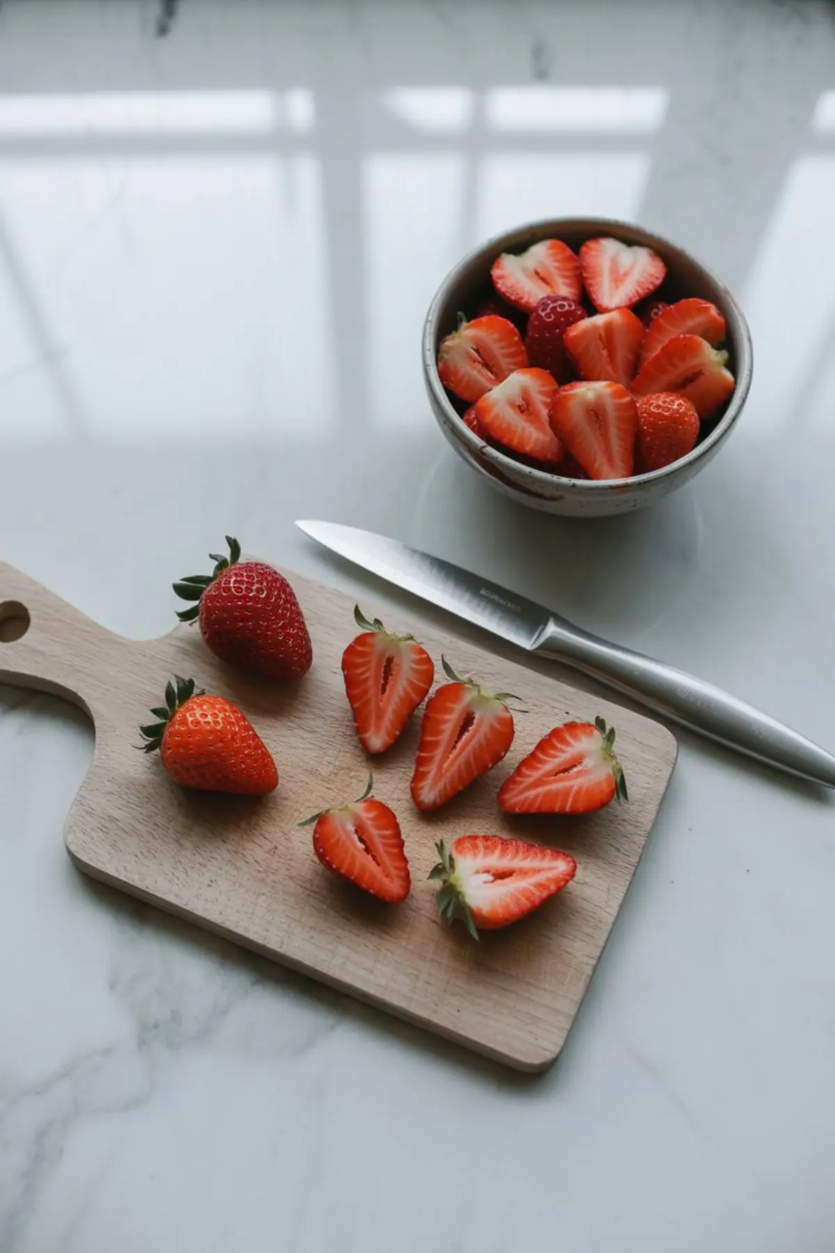 Strawberries being prepped on a wooden cutting board, with halved and whole berries next to a knife and a ceramic bowl of sliced strawberries on a marble countertop.