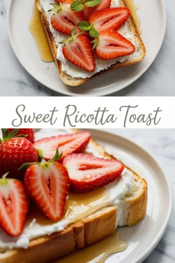 Vertical collage of sweet ricotta toast with strawberries and honey, featuring a top-down and side-angle view of the toast, with the text “Sweet Ricotta Toast” in the center.