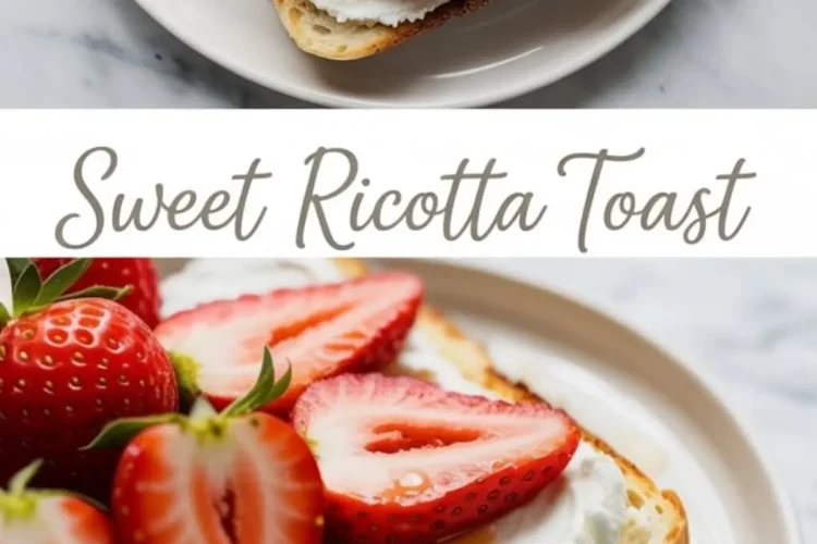 Vertical collage of sweet ricotta toast with strawberries and honey, featuring a top-down and side-angle view of the toast, with the text “Sweet Ricotta Toast” in the center.