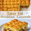 Collage showing a homemade Tater Tot Breakfast Casserole, with a top view of golden tater tots baked in a casserole dish and a plated slice layered with eggs, sausage, melted cheese, and crispy tots, ideal for breakfast or brunch meal prep.