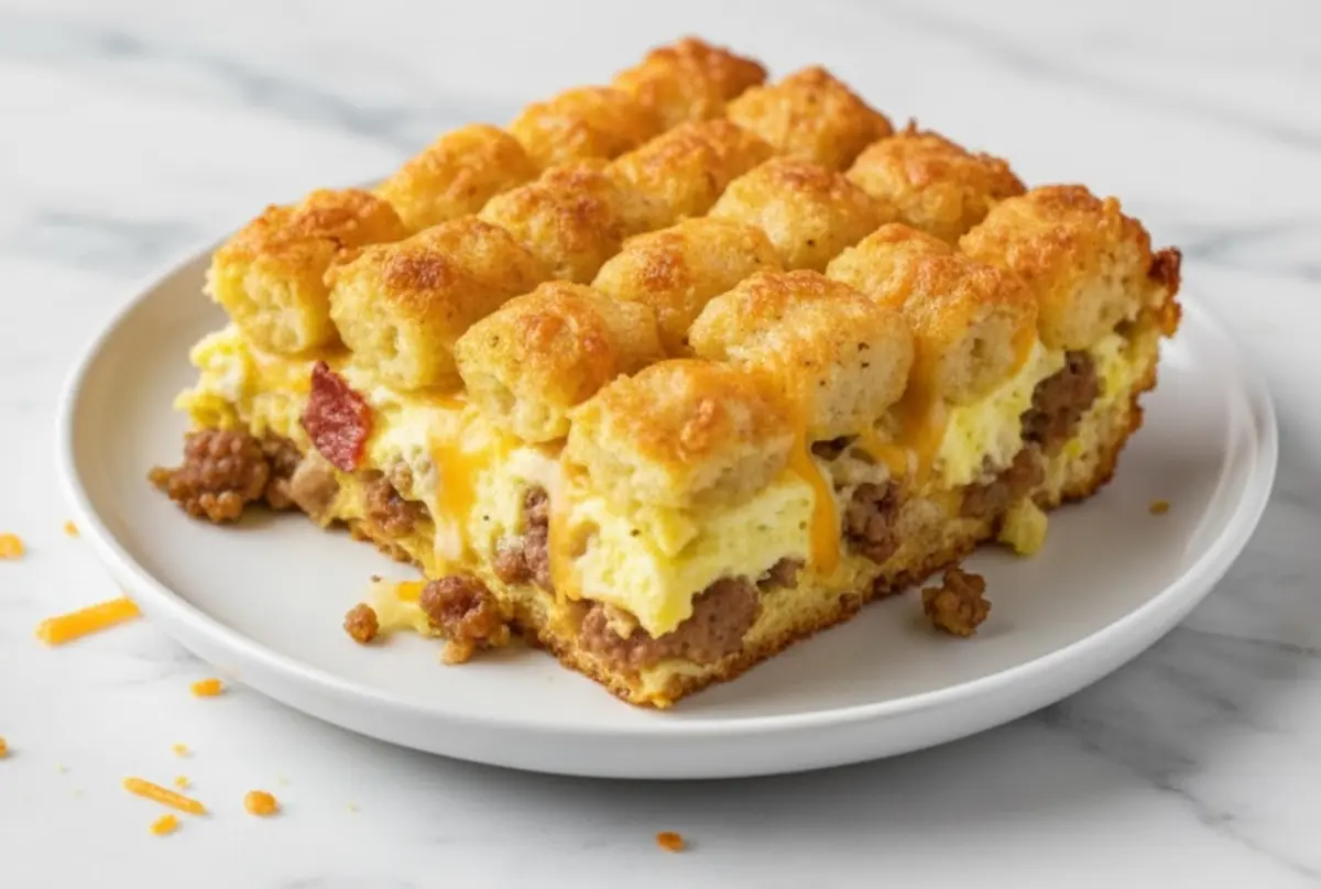 Close-up of a single slice of Tater Tot Breakfast Casserole on a white plate, highlighting melted cheese, scrambled eggs, browned sausage, and golden tater tots stacked in neat rows.
