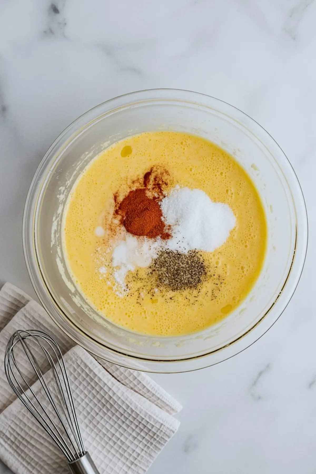 A glass bowl filled with a whisked egg mixture, topped with ground black pepper, paprika, salt, and baking powder, placed on a marble counter with a metal whisk and a folded kitchen towel beside it.

