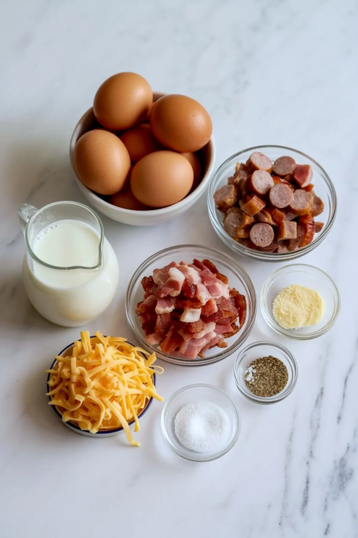 Flat lay of breakfast casserole ingredients including whole eggs in a bowl, sliced smoked sausage, chopped raw bacon, shredded cheddar cheese, grated parmesan, ground black pepper, salt, and a small pitcher of milk on a white marble surface.
