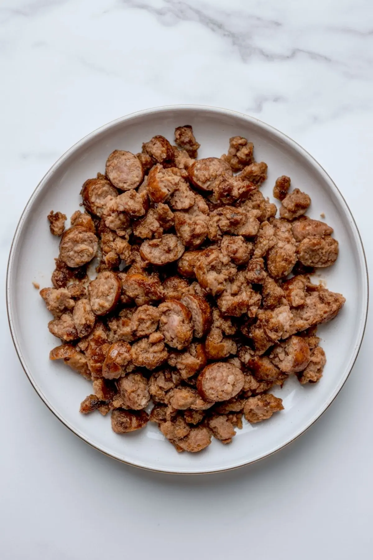 Cooked and crumbled sausage served on a white plate, showcasing a mix of browned sausage rounds and broken pieces on a marble background.
