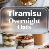 Vertical collage image displaying tiramisu overnight oats topped with chocolate curls and cocoa powder, layered with oats and cream in glass jars, overlaid with title text for Pinterest sharing.