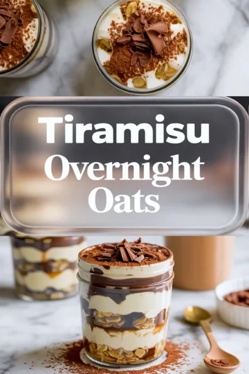Vertical collage image displaying tiramisu overnight oats topped with chocolate curls and cocoa powder, layered with oats and cream in glass jars, overlaid with title text for Pinterest sharing.