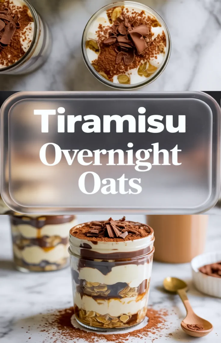 Vertical collage image displaying tiramisu overnight oats topped with chocolate curls and cocoa powder, layered with oats and cream in glass jars, overlaid with title text for Pinterest sharing.