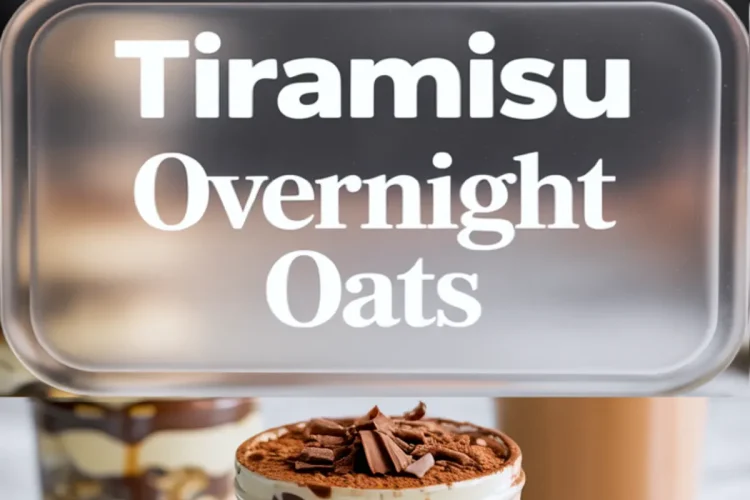 Vertical collage image displaying tiramisu overnight oats topped with chocolate curls and cocoa powder, layered with oats and cream in glass jars, overlaid with title text for Pinterest sharing.