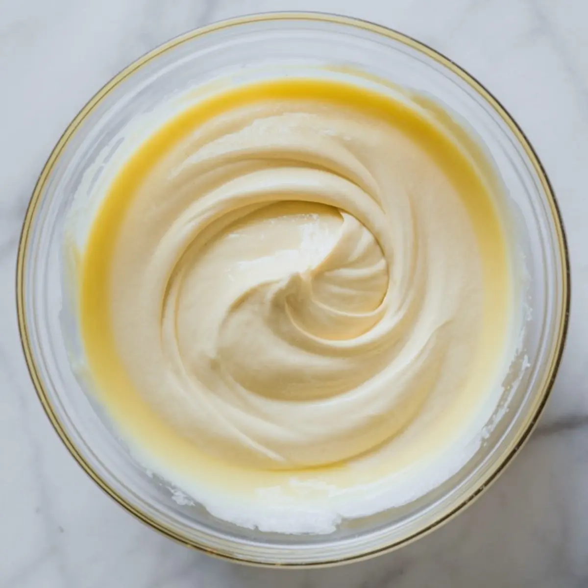 Smooth and creamy mascarpone mixture swirled in a glass bowl on a marble surface, used for tiramisu overnight oats or dessert recipes.