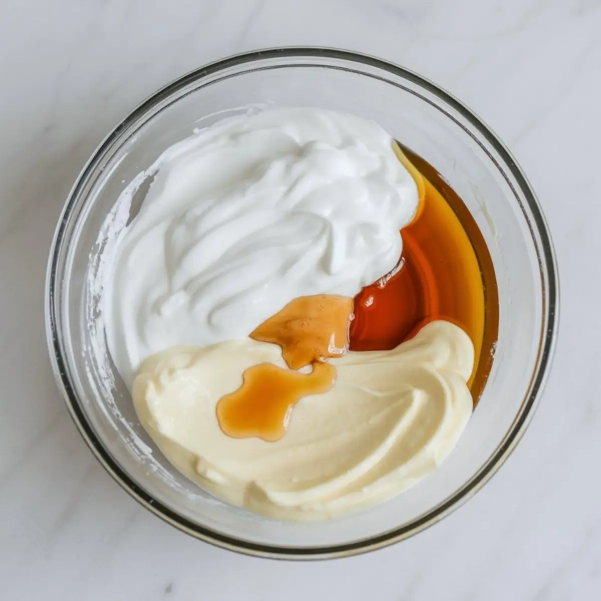 owl with whipped cream, mascarpone cheese, and maple syrup, showing ingredients before blending for a layered overnight oats dessert.