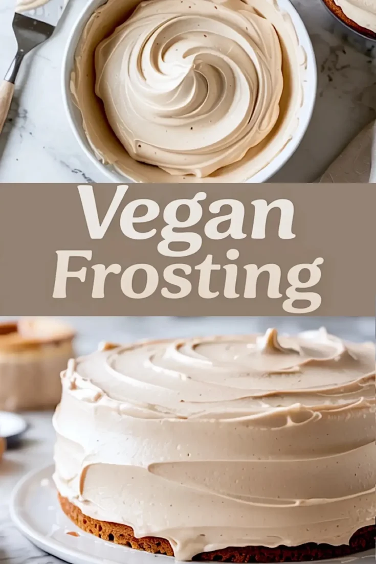 Top-down collage showing a bowl of swirled beige vegan frosting and a frosted cake on a marble surface with the text “Vegan Frosting” in bold cream-colored letters.