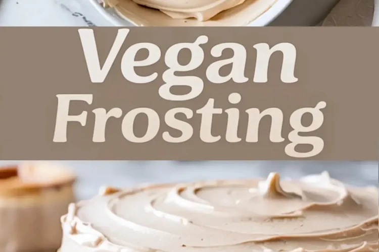 Top-down collage showing a bowl of swirled beige vegan frosting and a frosted cake on a marble surface with the text “Vegan Frosting” in bold cream-colored letters.