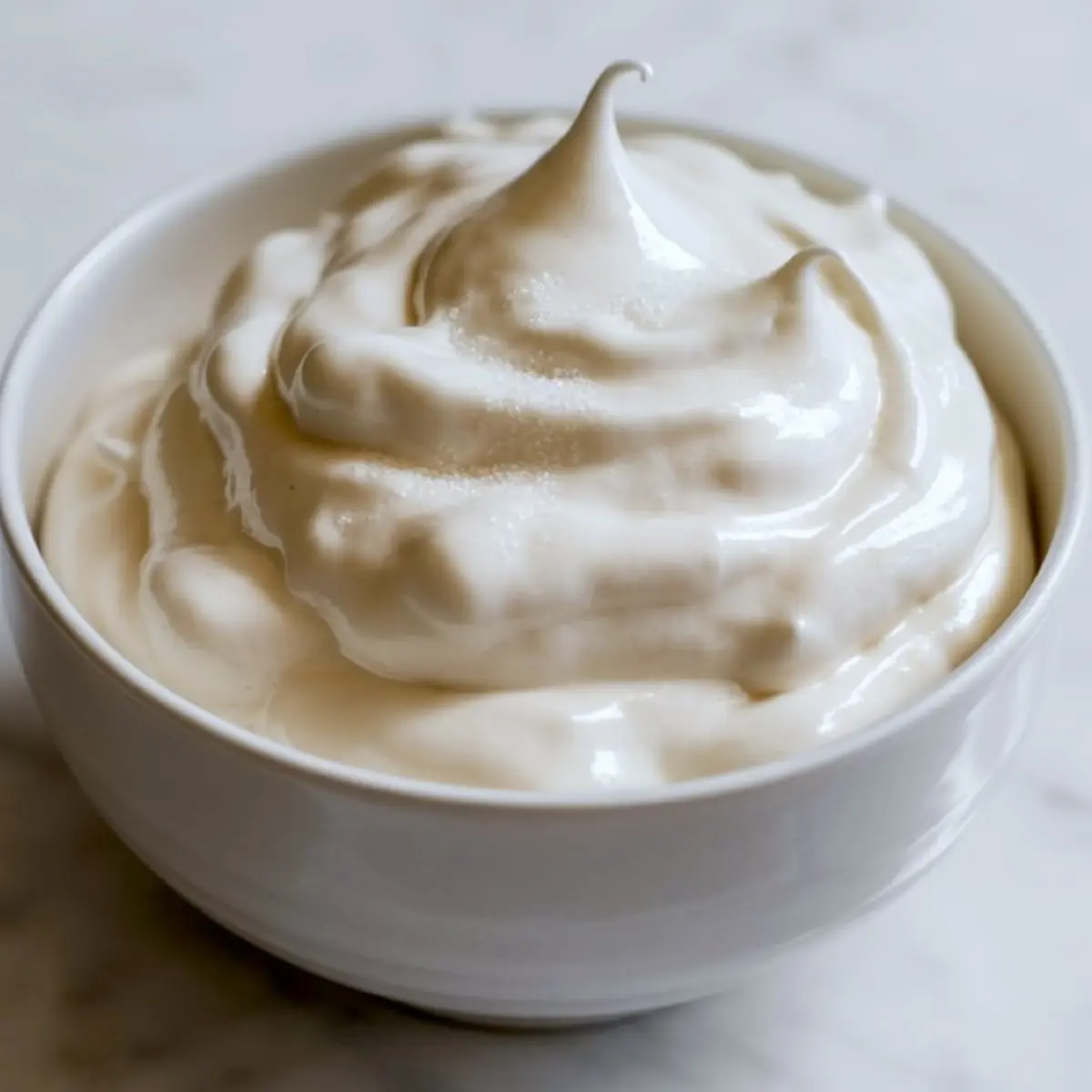 Close-up of glossy vegan whipped cream frosting with soft peaks in a white bowl on a marble countertop.
