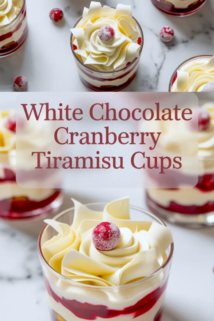Overhead collage of individual white chocolate cranberry tiramisu dessert cups with sugared cranberries and white chocolate curls on marble, featuring bold center text overlay.