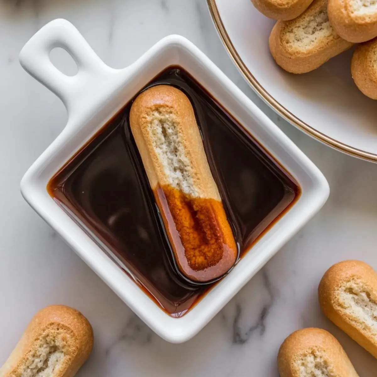 Ladyfinger biscuit being dipped into a square white bowl of rich espresso coffee, surrounded by dry ladyfingers on a marble countertop.