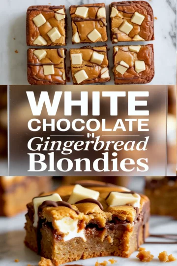 Top half shows sliced white chocolate gingerbread blondies topped with melted chocolate drizzle and large white chocolate chunks. Bottom half displays a close-up of a blondie bar with a gooey center, melted white chocolate, and rich texture.