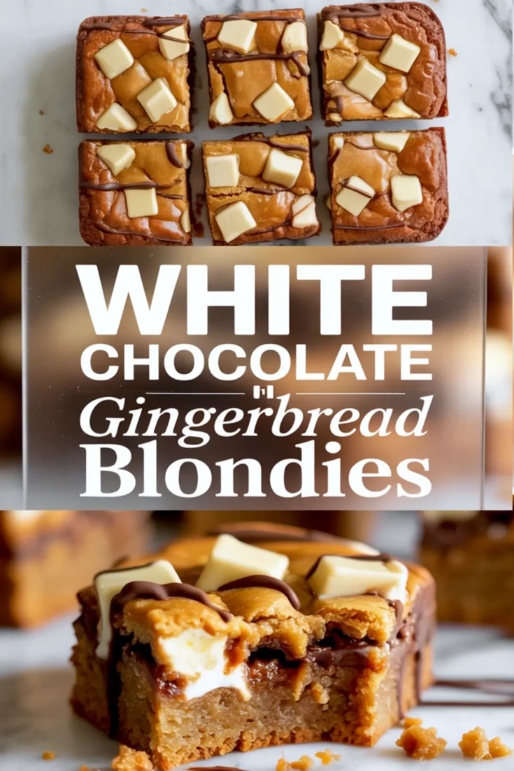 Top half shows sliced white chocolate gingerbread blondies topped with melted chocolate drizzle and large white chocolate chunks. Bottom half displays a close-up of a blondie bar with a gooey center, melted white chocolate, and rich texture.