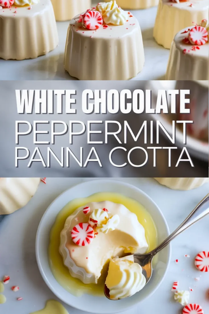 Vertical collage combining styled white chocolate peppermint panna cotta desserts on top and a plated serving on the bottom, with bold white text overlay highlighting the recipe title.