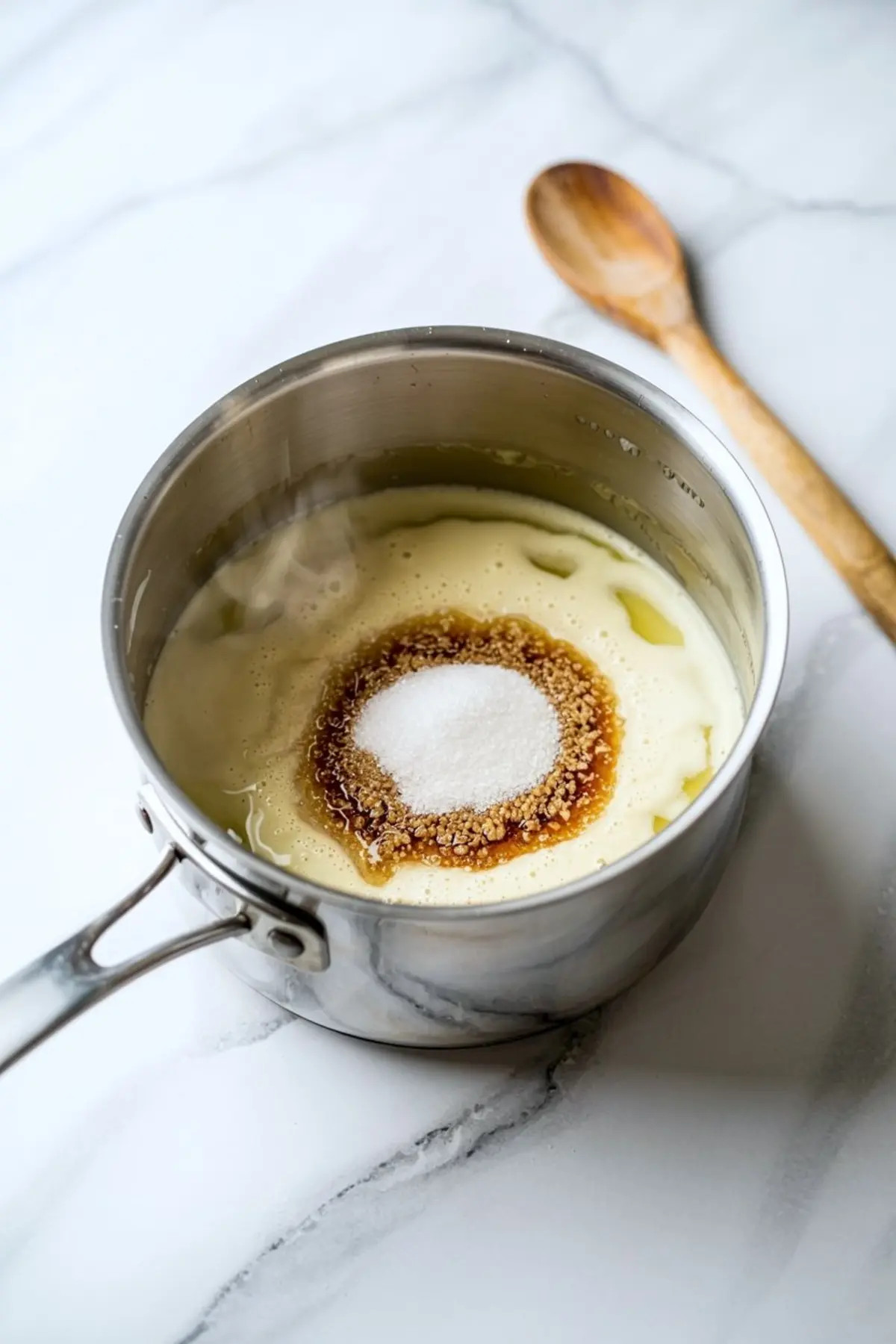 Overhead view of a stainless steel saucepan filled with warm cream, vanilla, and sugar mixture starting to melt together on a marble countertop.
