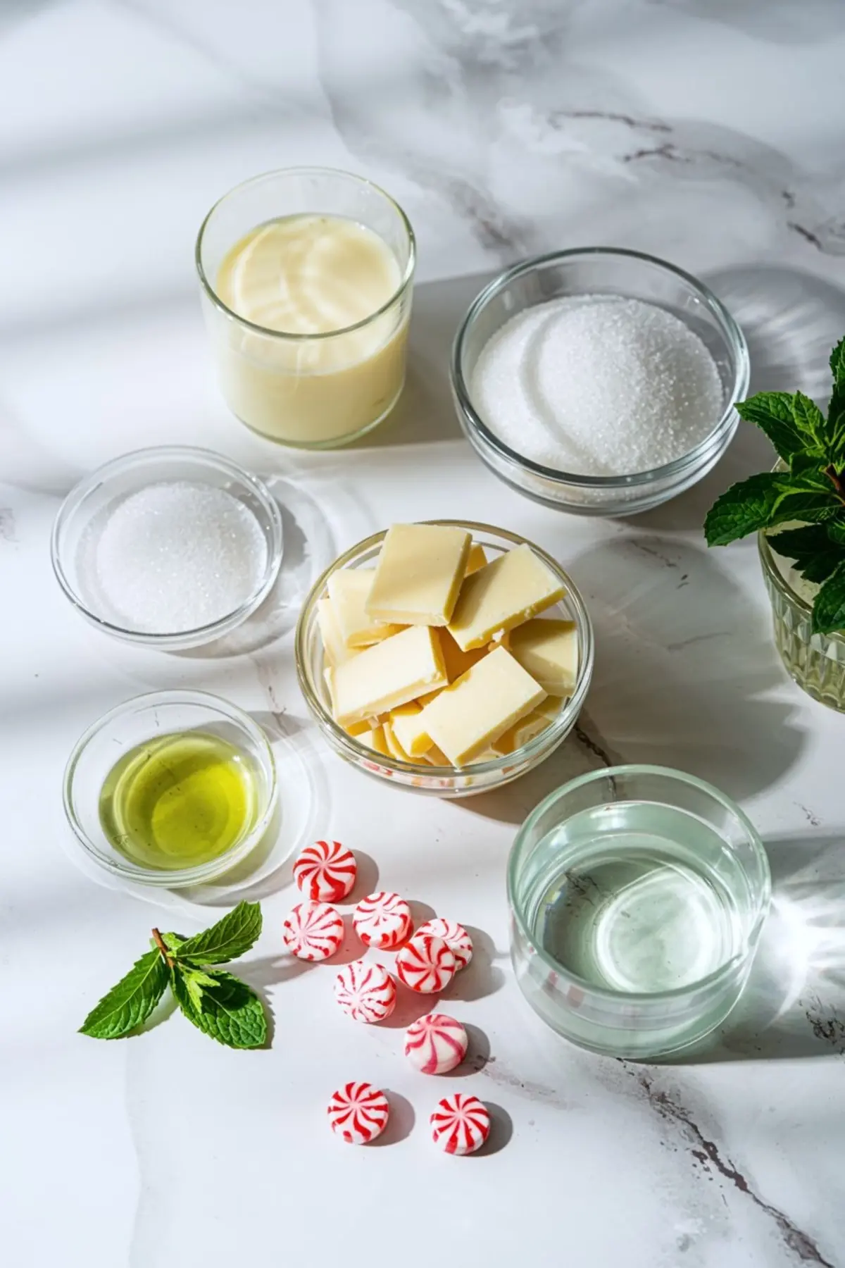 Flat lay of white chocolate peppermint panna cotta ingredients on a marble surface, including white chocolate chunks, peppermint candies, heavy cream, sugar, water, peppermint extract, and fresh mint leaves.
