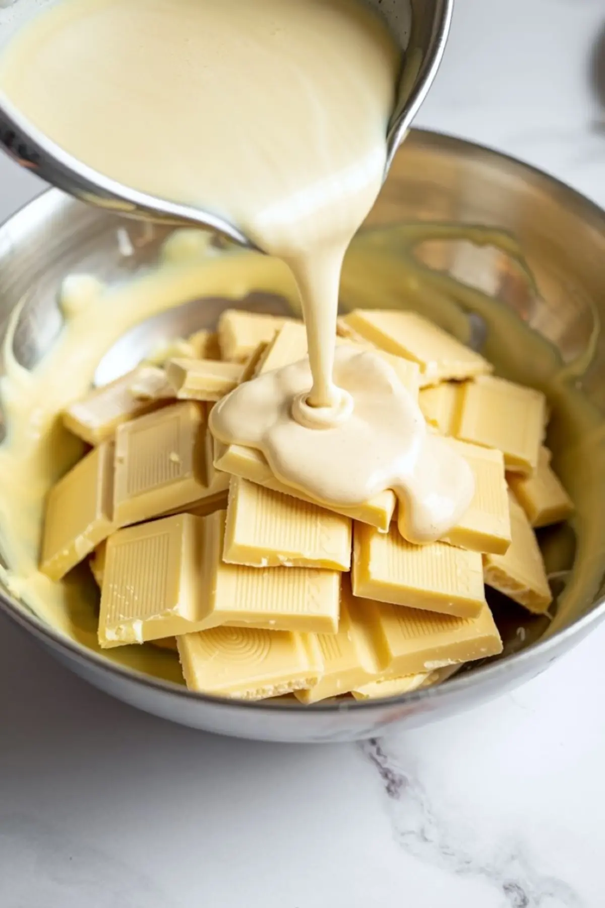 Hot cream mixture being poured over a bowl of chopped white chocolate pieces, beginning the melting process for a dessert base.
