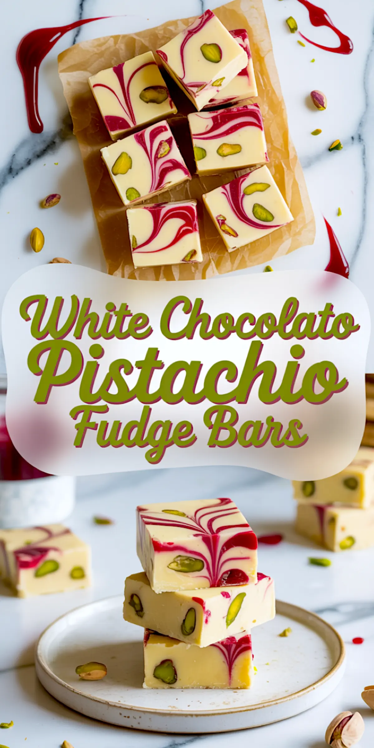 Collage image of white chocolate pistachio fudge bars with bright red cherry swirls, arranged on parchment paper and stacked on a ceramic plate. The image features playful splashes of red syrup and pistachios scattered on a marble surface, overlaid with bold text reading “White Chocolate Pistachio Fudge Bars.”

