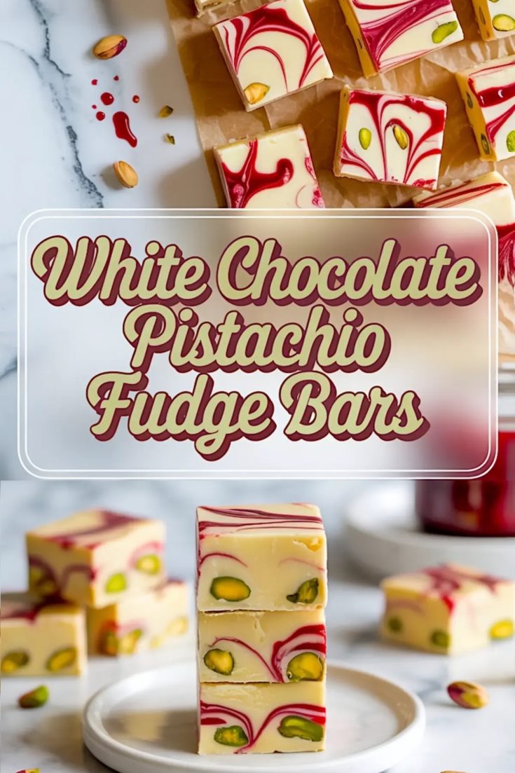 Collage image of white chocolate pistachio fudge bars with red cherry swirl, showing neatly cut pieces on parchment and a stacked trio on a white plate. The text overlay reads “White Chocolate Pistachio Fudge Bars” in bold lettering.