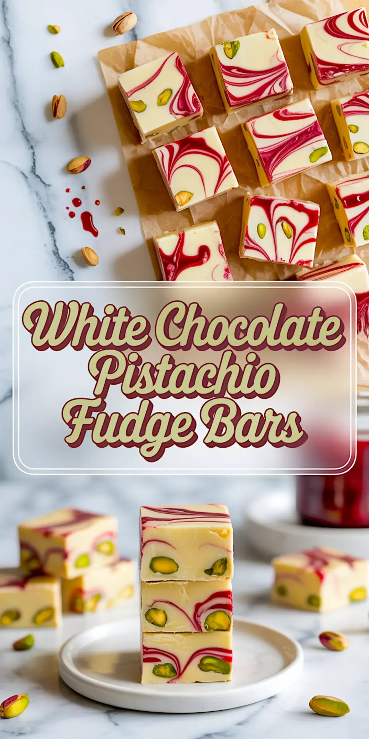 Collage image showcasing swirled white chocolate pistachio fudge bars on parchment with pistachio garnish, and a stack of bars on a plate, paired with bold text reading “White Chocolate Pistachio Fudge Bars.”
