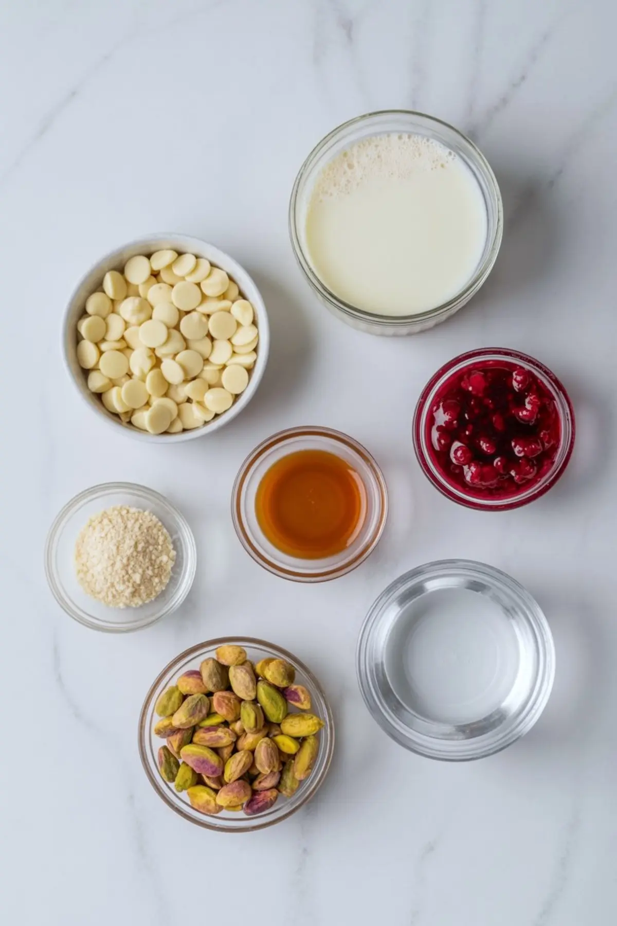 Flat lay of ingredients for pistachio white chocolate fudge including white chocolate chips, heavy cream, cherry preserves, pistachios, vanilla extract, almond flour, and sugar syrup on a marble surface.

