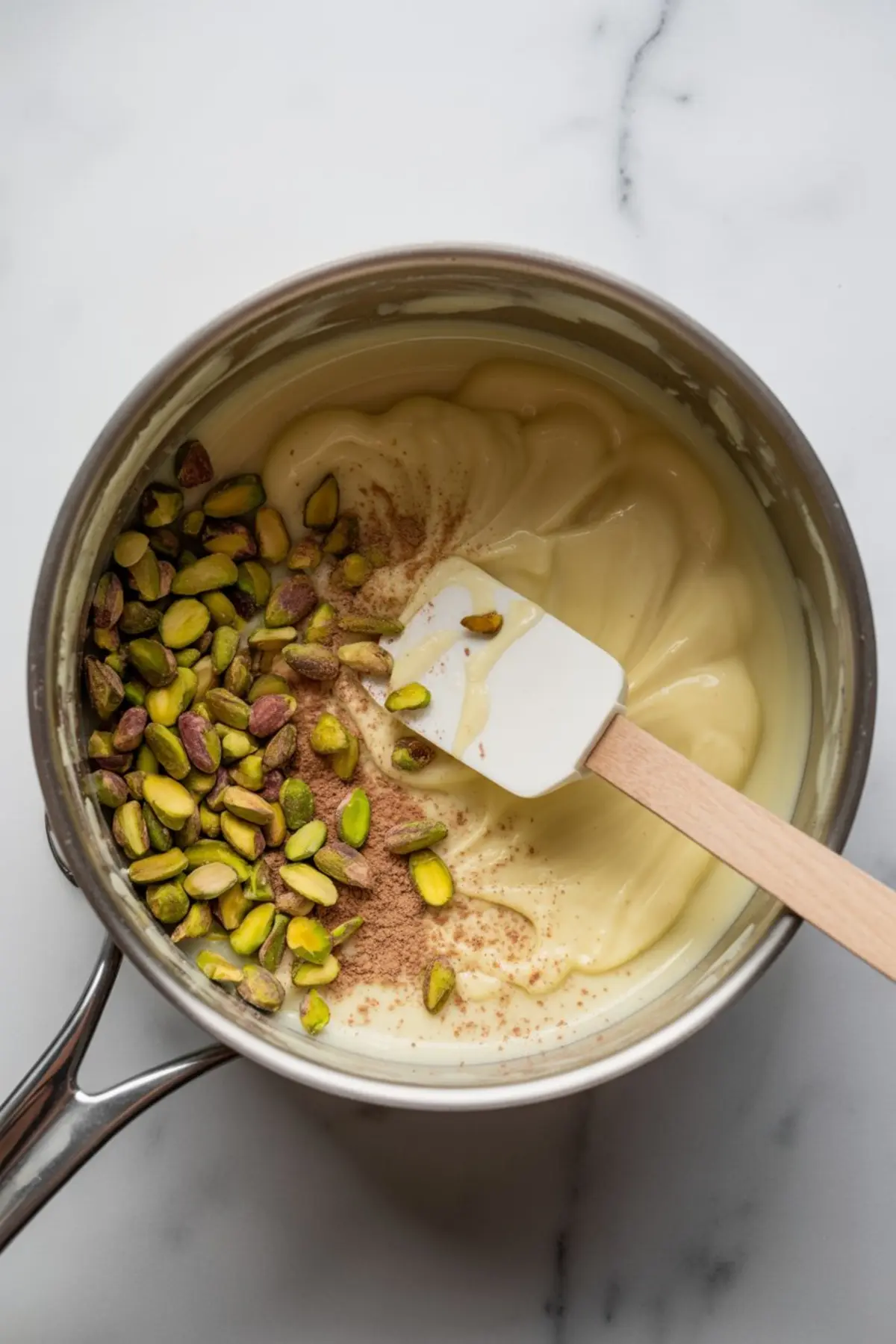 Chopped pistachios and cocoa powder are added to a smooth white chocolate mixture in a saucepan, being gently folded with a silicone spatula.

