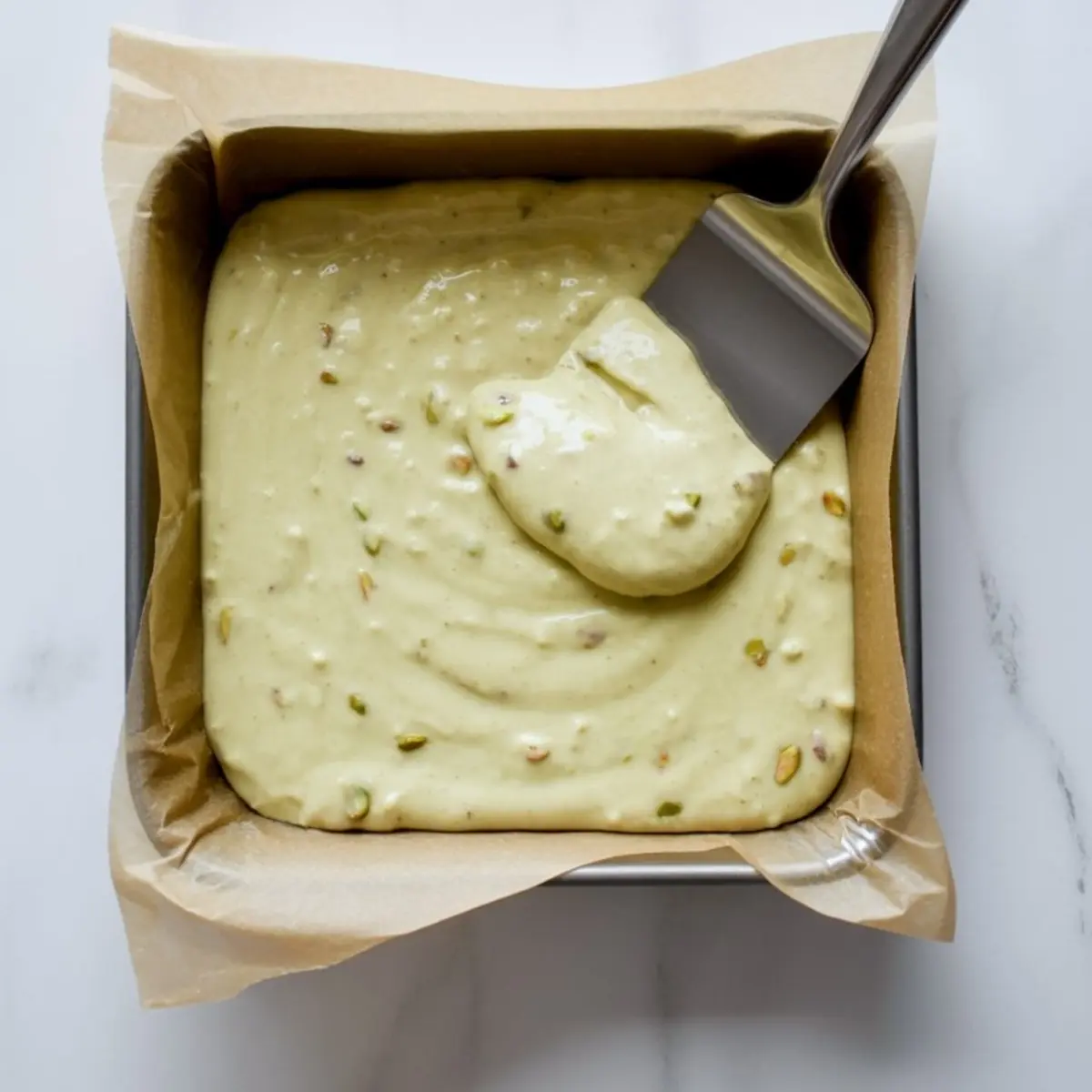 Thick pistachio fudge batter is spread evenly in a parchment-lined square pan using a metal spatula, ready to be chilled or baked.
