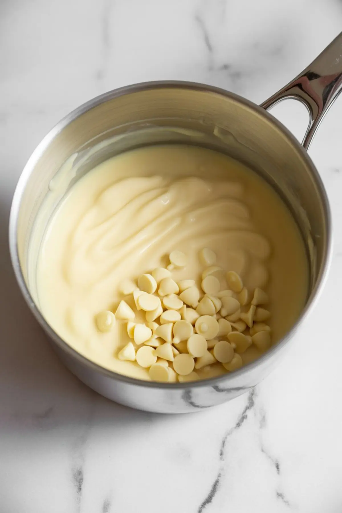 White chocolate chips are melting into a creamy mixture in a stainless steel saucepan, creating the base for homemade fudge.
