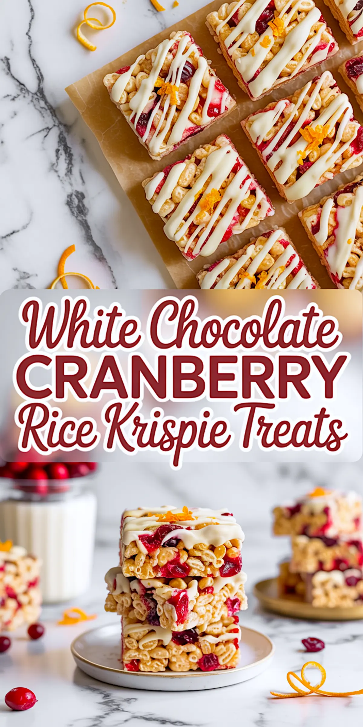 White chocolate cranberry rice krispie treats cut into squares and topped with a white chocolate drizzle and orange zest curls, with a festive and colorful dessert presentation on parchment paper.
