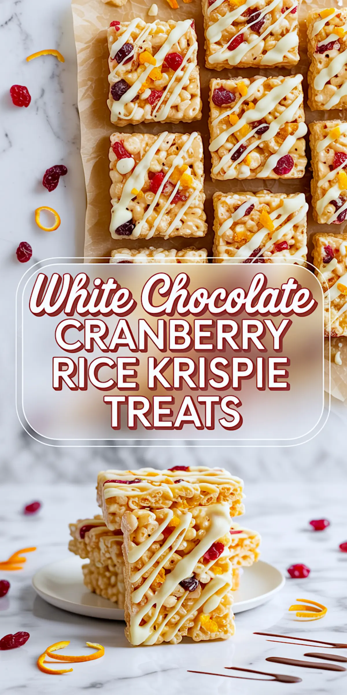 Top-down and side view of white chocolate cranberry rice krispie treats on parchment paper, showing close-up details of the puffed rice texture, dried cranberries, orange zest, and white chocolate drizzle.
